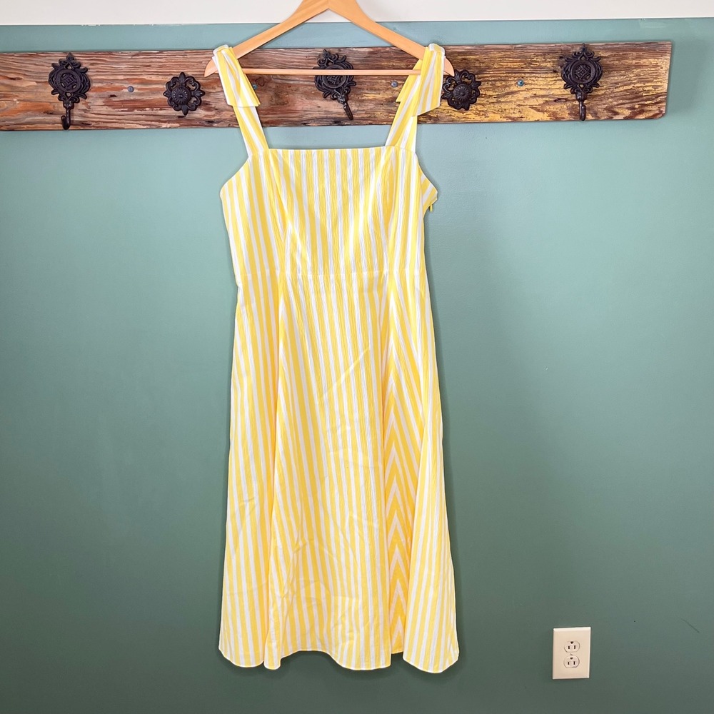 Kate Spade Basket Yellow White Striped Midi Dress Smocked Back Pockets‎ 14